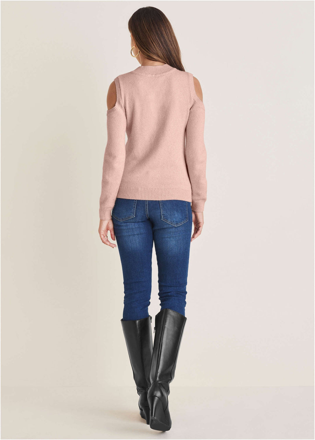 Women's pink cable knit cold shoulder sweater with mock neck