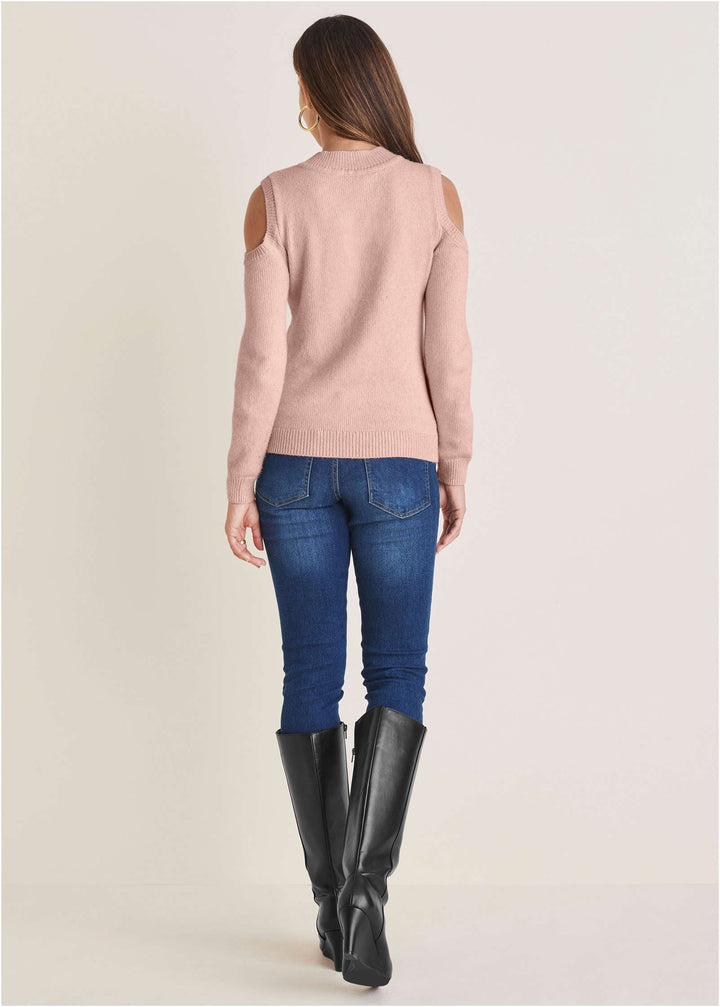 Women's pink cable knit cold shoulder sweater with mock neck