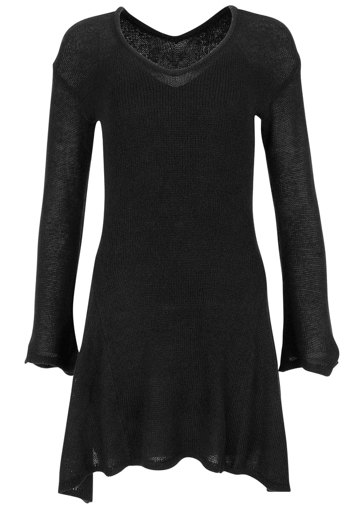 Women's black V-neck sweater mini dress with bell sleeves