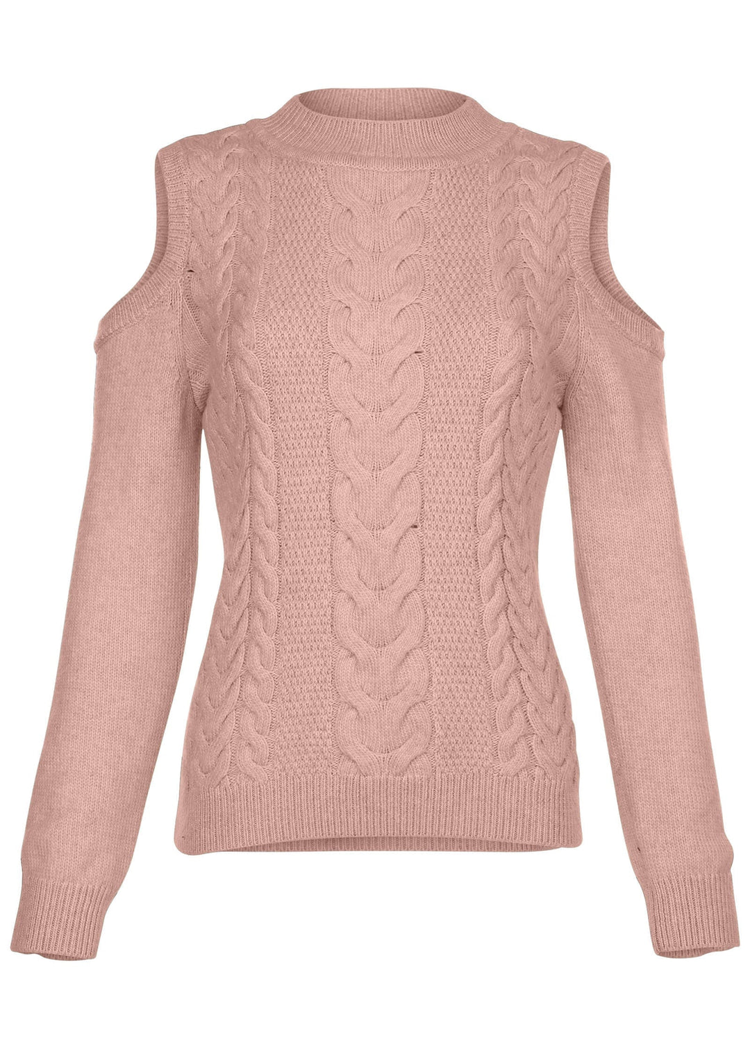 Women's pink cable knit cold shoulder sweater with mock neck
