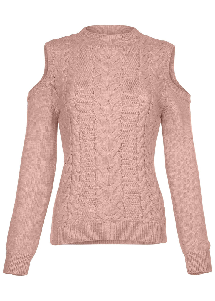 Women's pink cable knit cold shoulder sweater with mock neck