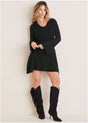 Women's black V-neck sweater mini dress with bell sleeves