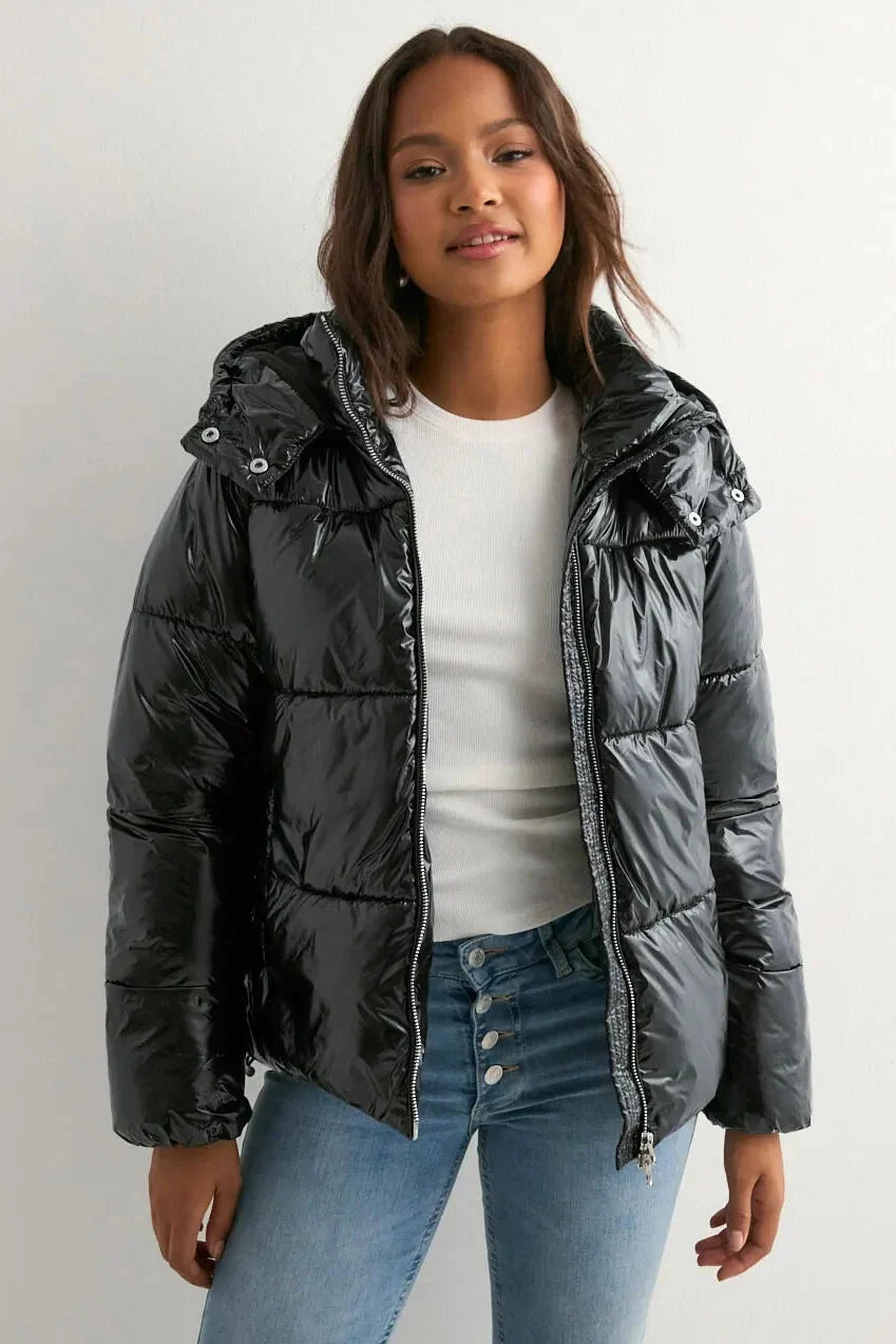Women's glossy hooded puffer jacket with long sleeves and zip front