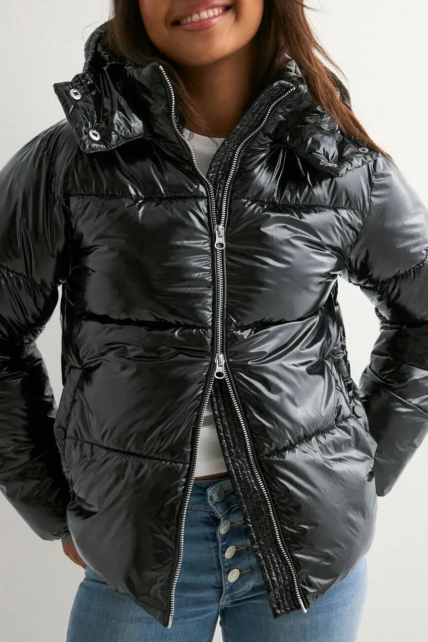 Women's glossy hooded puffer jacket with long sleeves and zip front