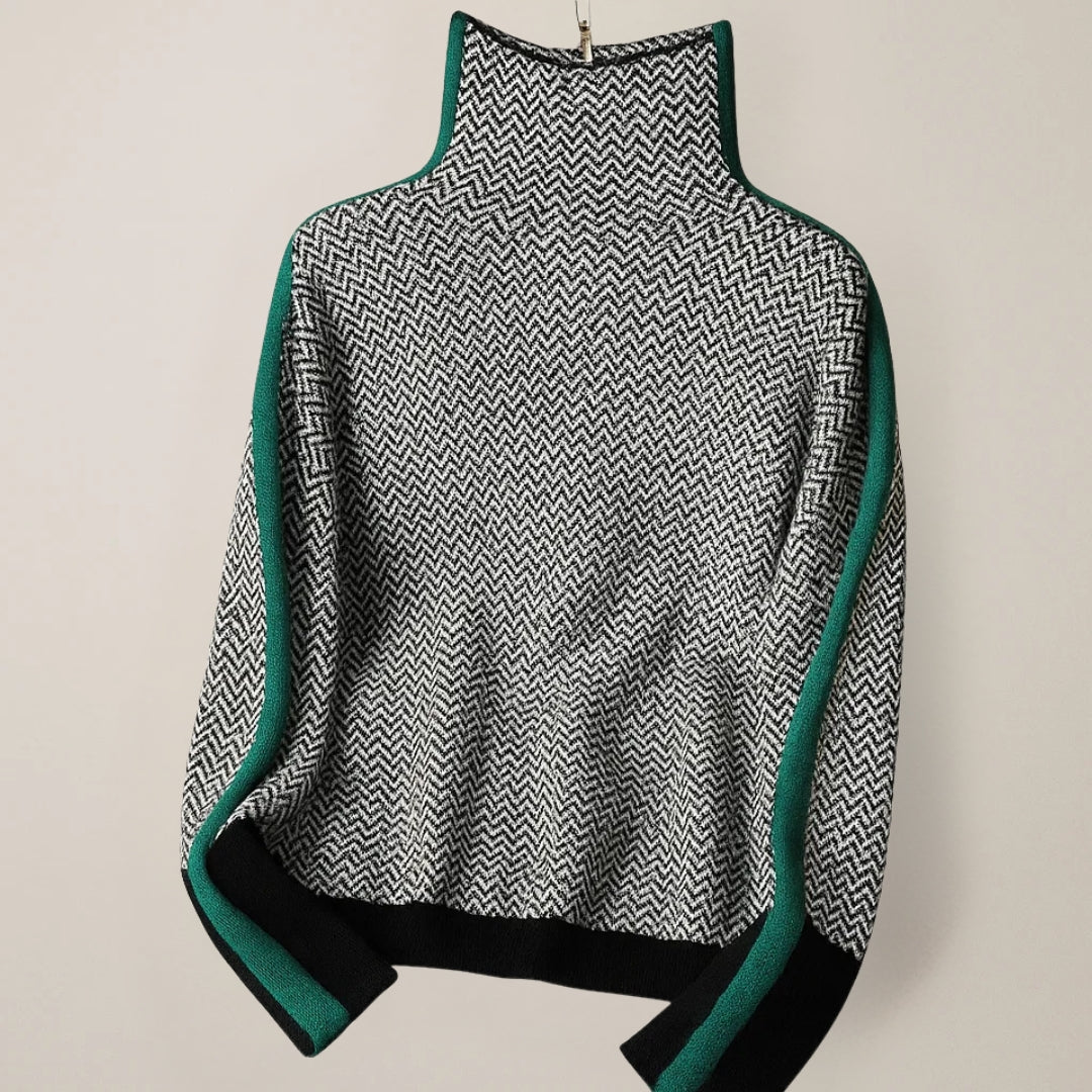 Women's geometric zigzag turtleneck sweater with contrast panels