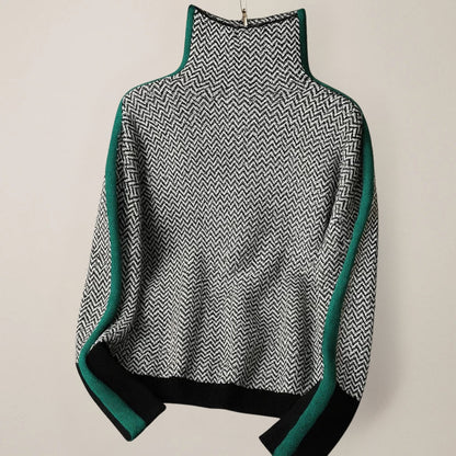 Women's geometric zigzag turtleneck sweater with contrast panels
