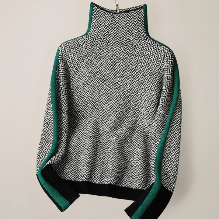 Women's geometric zigzag turtleneck sweater with contrast panels