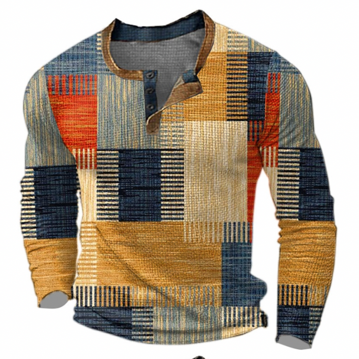Men's geometric waffle henley sweater with long sleeves