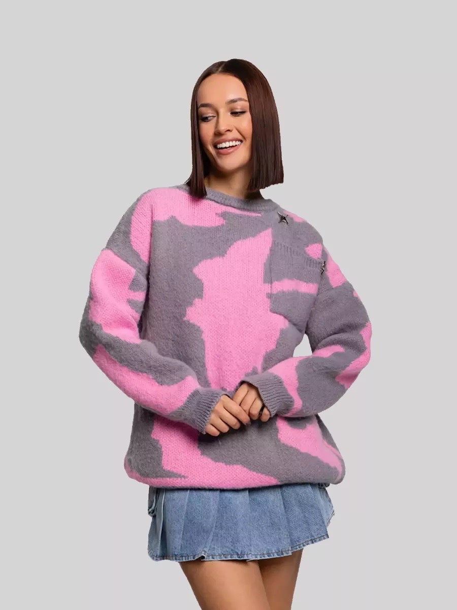 Women's abstract pattern round neck sweater with long sleeves