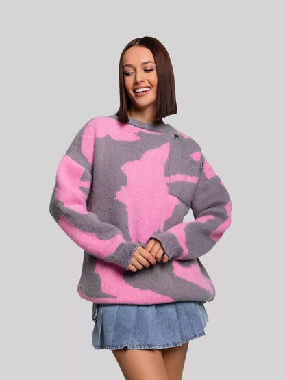 Women's abstract pattern round neck sweater with long sleeves