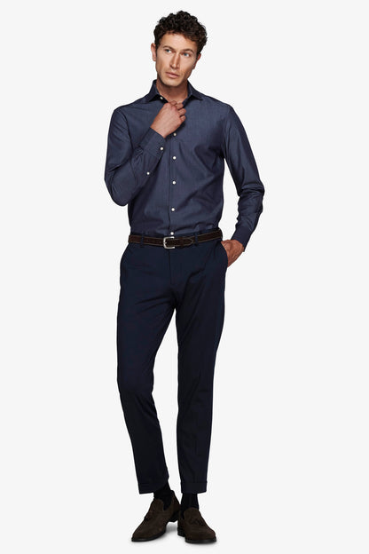 Men's navy slim fit long sleeve shirt with pointed collar and button front