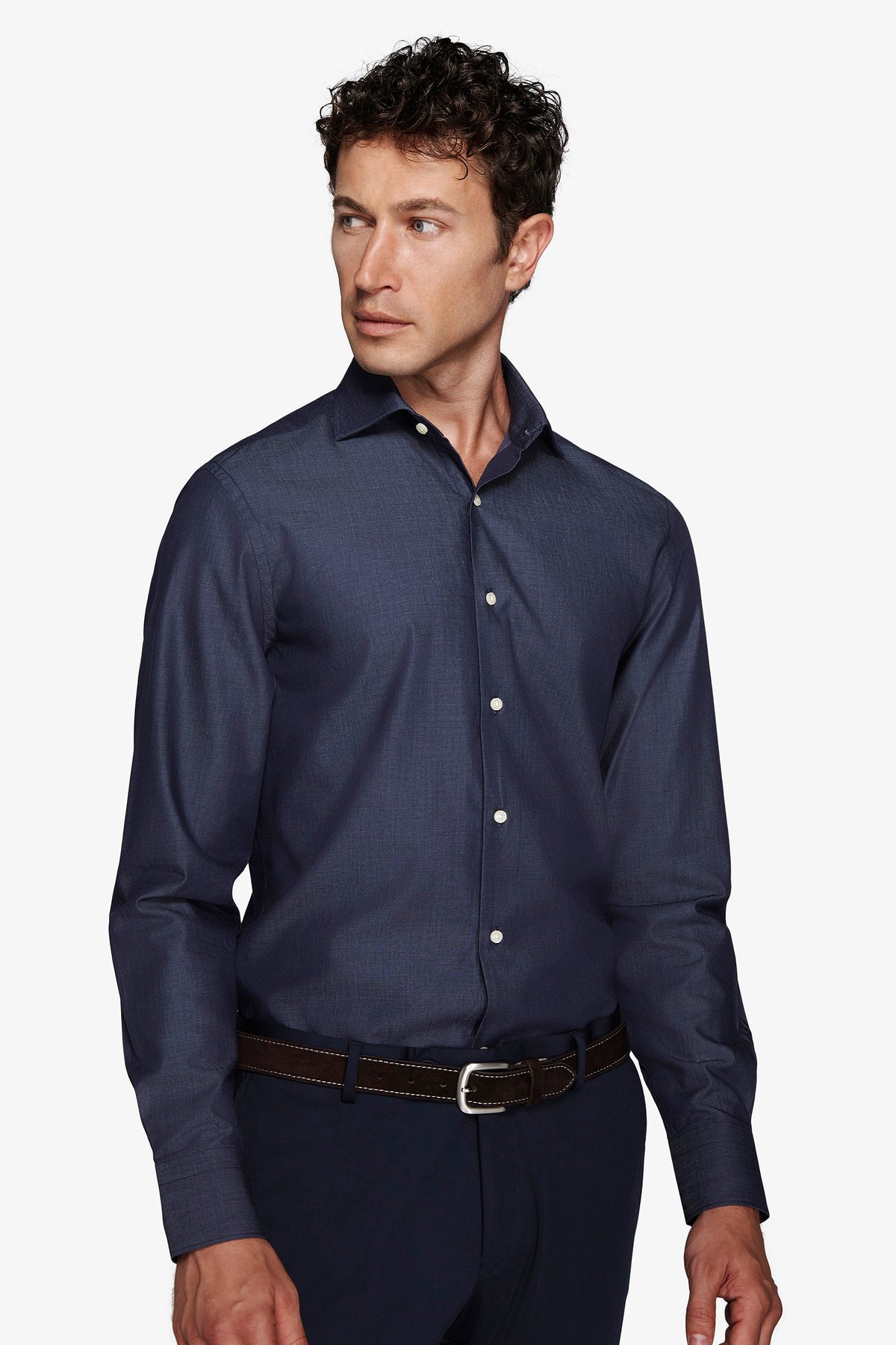 Men's navy slim fit long sleeve shirt with pointed collar and button front