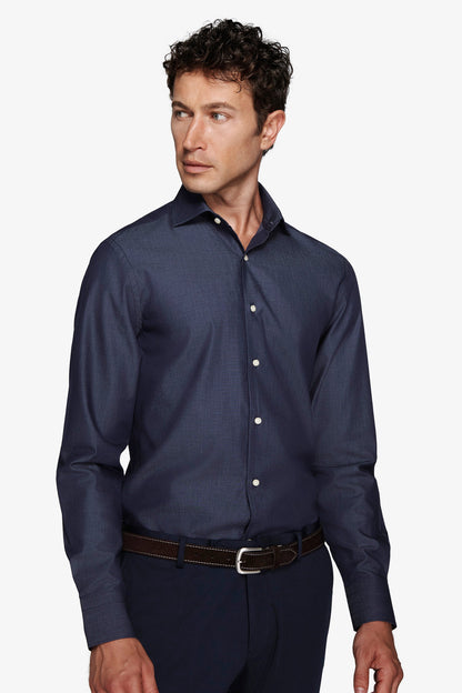 Men's navy slim fit long sleeve shirt with pointed collar and button front