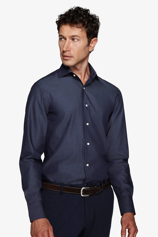 Men's navy slim fit long sleeve shirt with pointed collar and button front