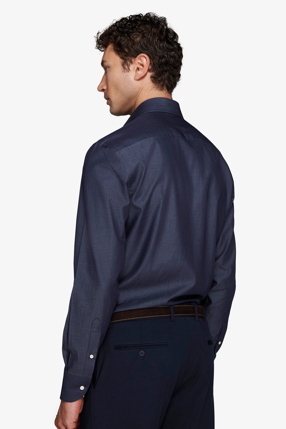 Men's navy slim fit long sleeve shirt with pointed collar and button front