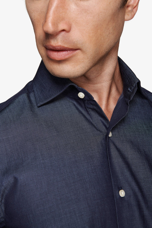 Men's navy slim fit long sleeve shirt with pointed collar and button front