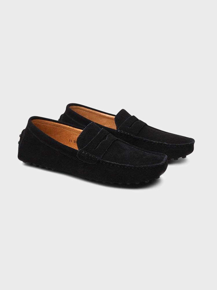 Suede boat loafers with moc stitching and penny-style straps