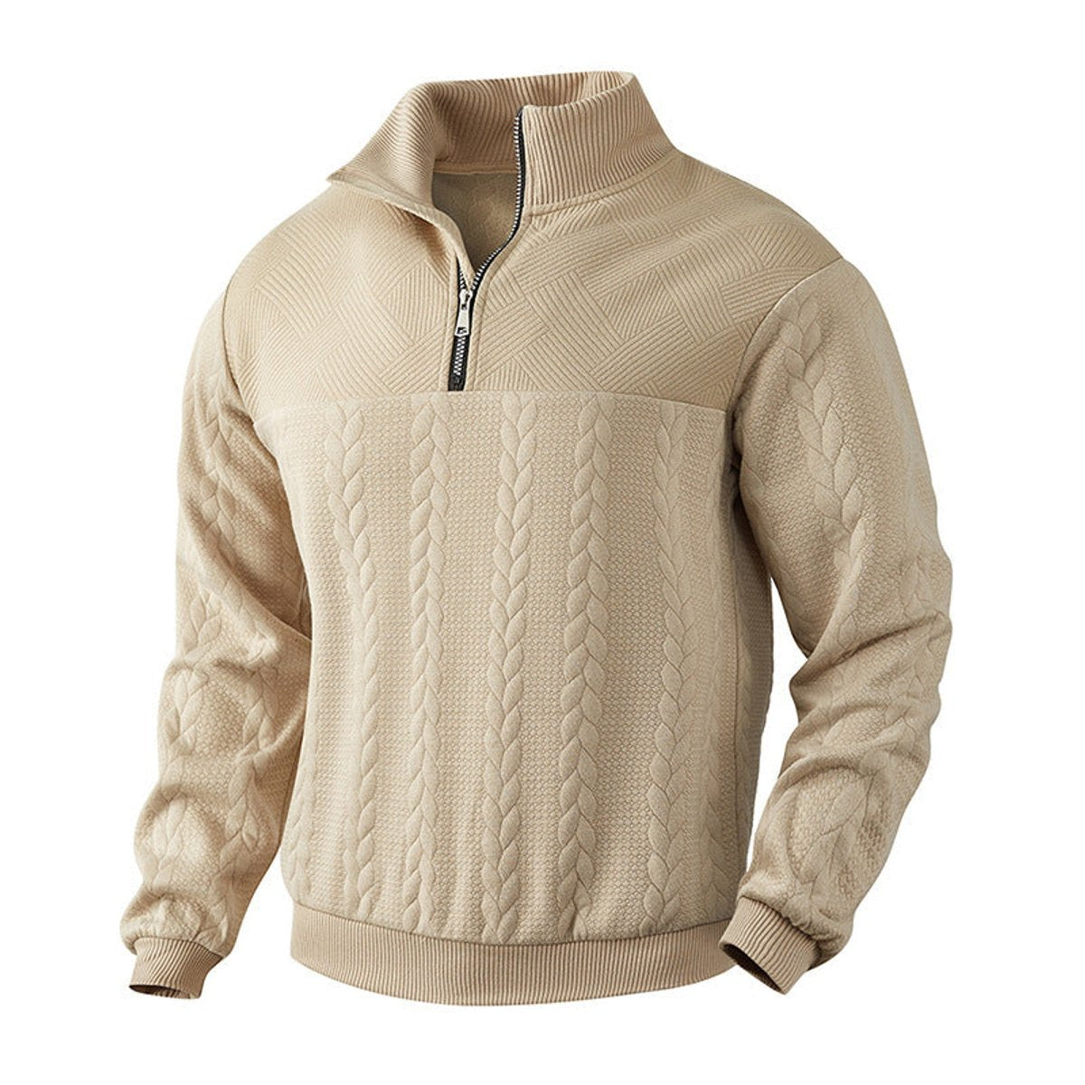 Men's cable knit quarter-zip sweater with mock neck and long sleeves