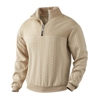 Men's cable knit quarter-zip sweater with mock neck and long sleeves
