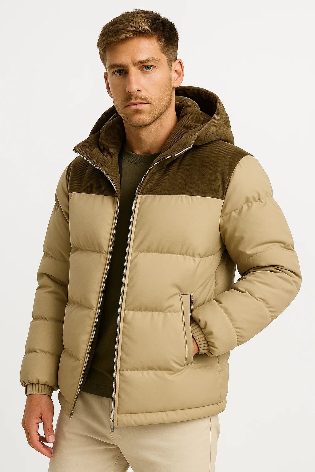 Men's hooded quilted puffer jacket with zip front and long sleeves