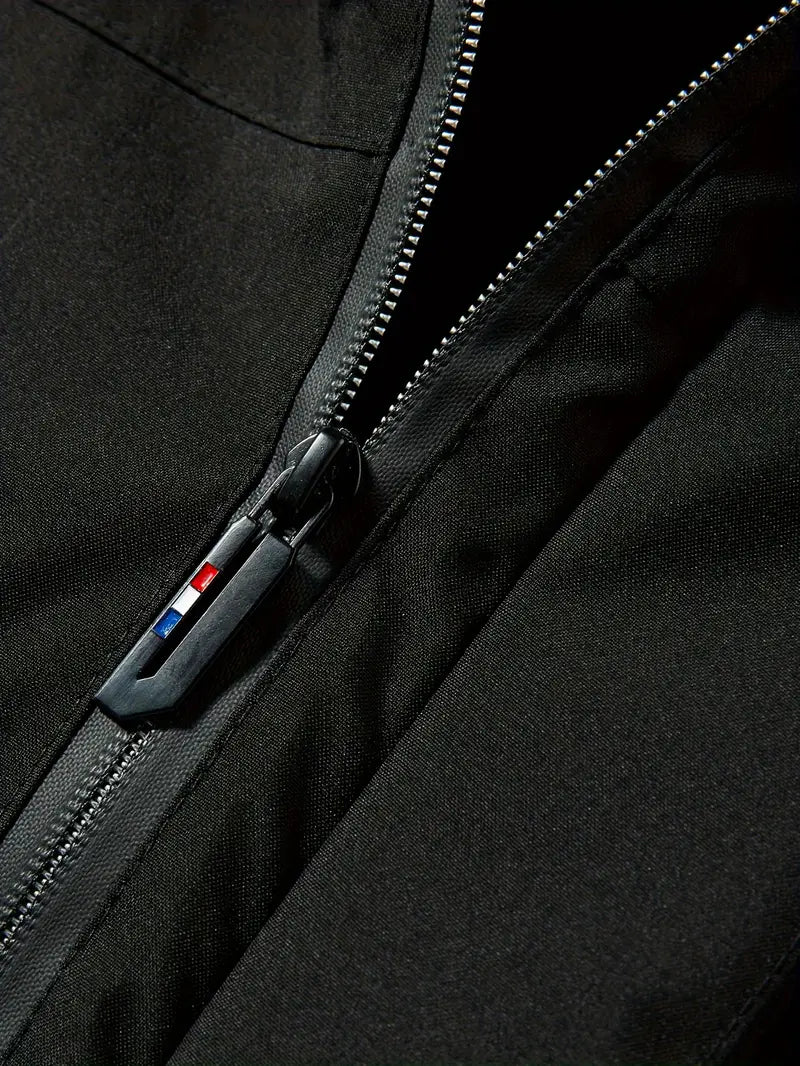 Men's hooded parka jacket with zip front, utility pockets and fleece-textured lining
