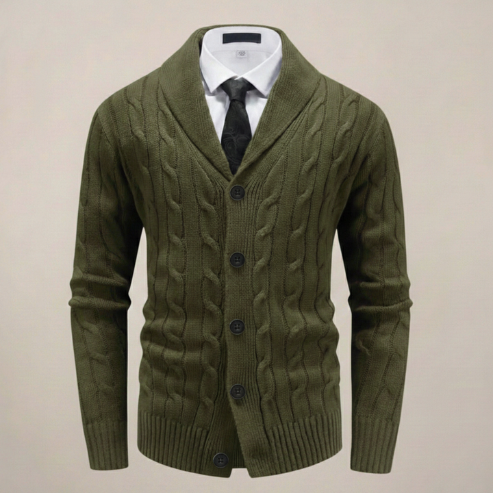 Men's cable knit shawl collar cardigan with button front