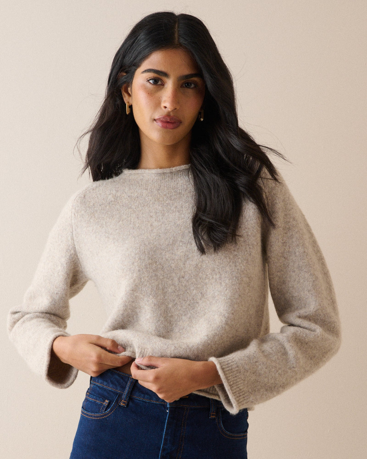 Women's beige boat neck jumper with long sleeves and ribbed trims