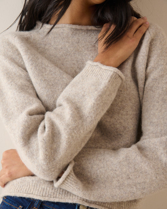 Women's beige boat neck jumper with long sleeves and ribbed trims
