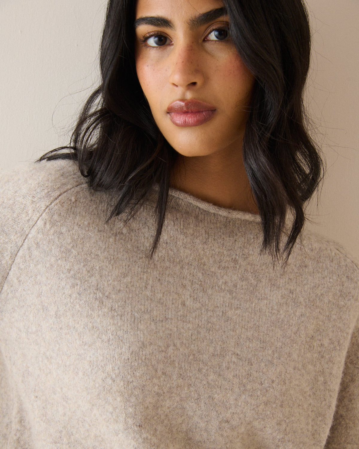 Women's beige boat neck jumper with long sleeves and ribbed trims