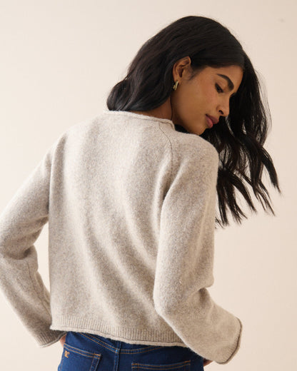 Women's beige boat neck jumper with long sleeves and ribbed trims