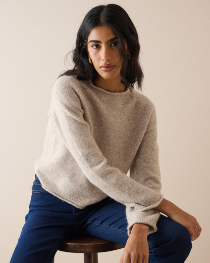 Women's beige boat neck jumper with long sleeves and ribbed trims