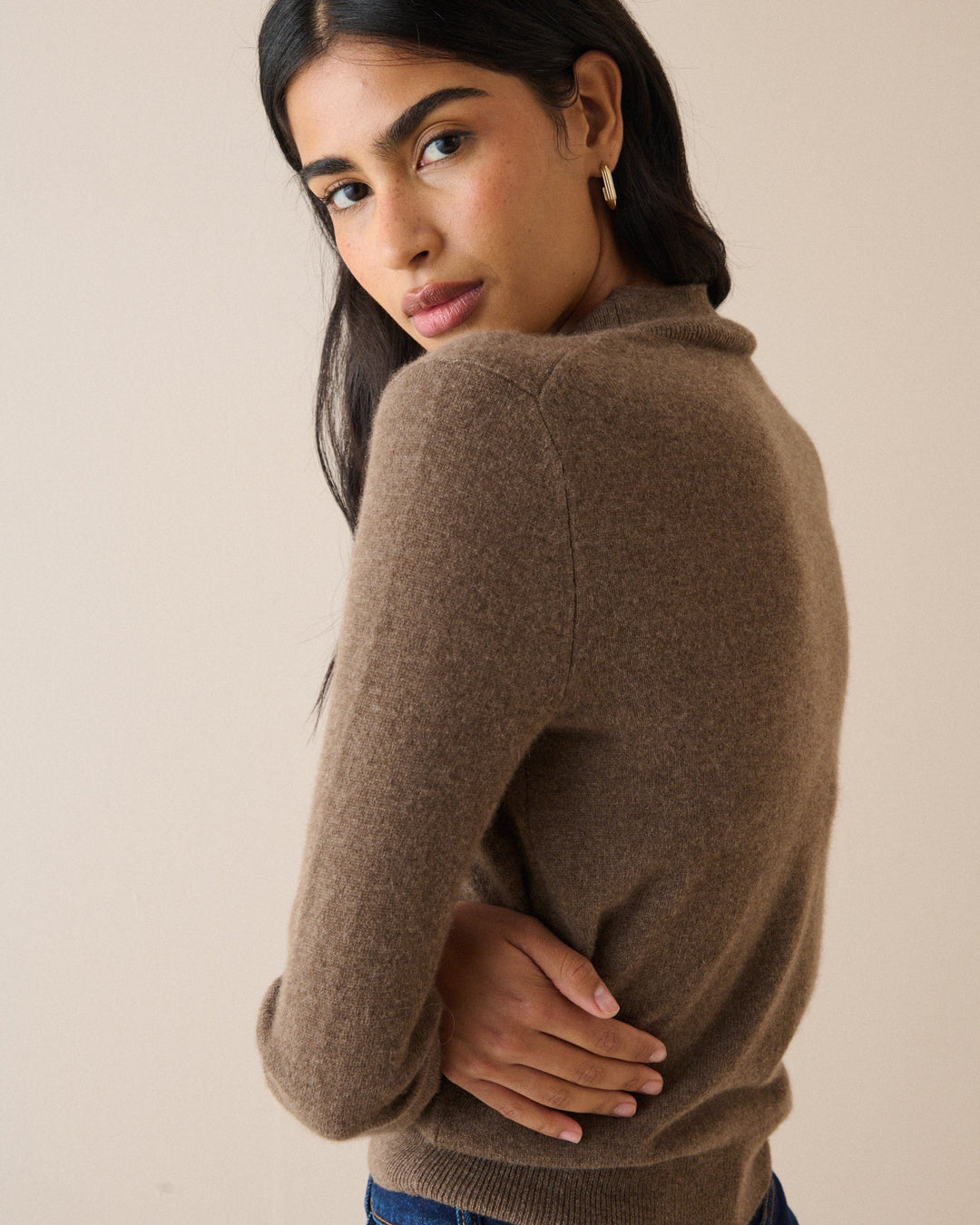 Women's brown crew neck knit jumper with long sleeves