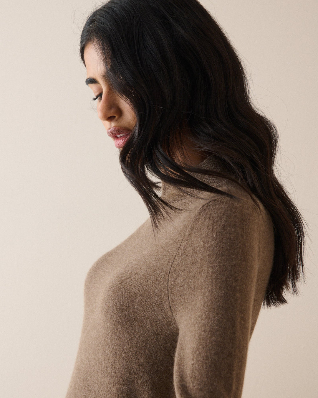 Women's brown crew neck knit jumper with long sleeves