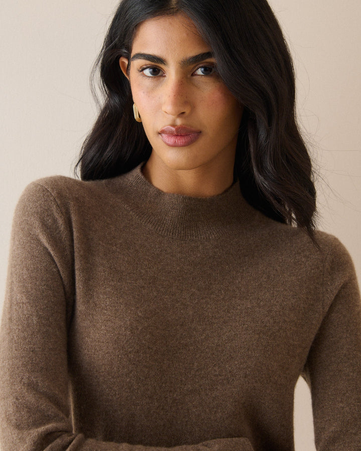 Women's brown crew neck knit jumper with long sleeves