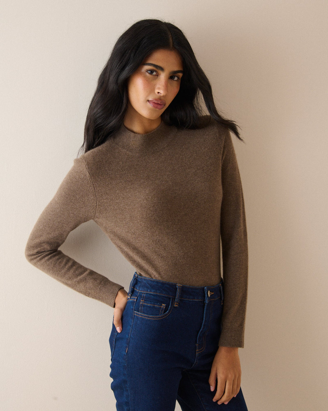 Women's brown crew neck knit jumper with long sleeves