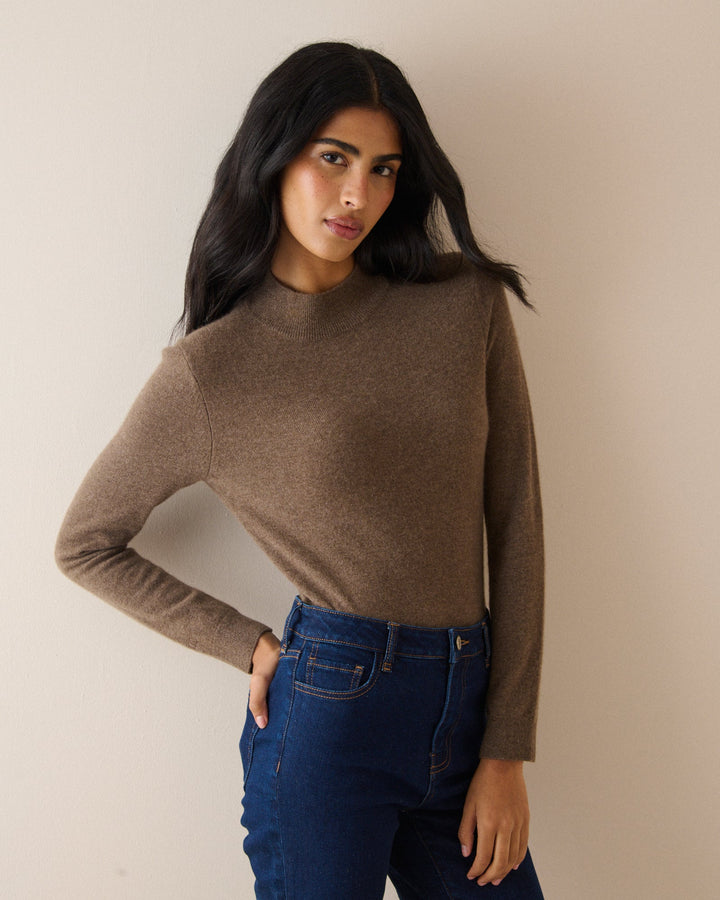 Women's brown crew neck knit jumper with long sleeves