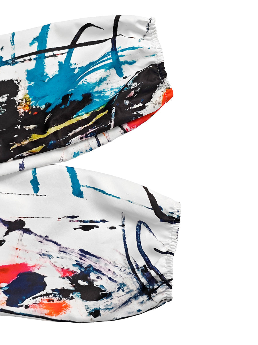 Women's white abstract print maxi shirt dress with stand collar
