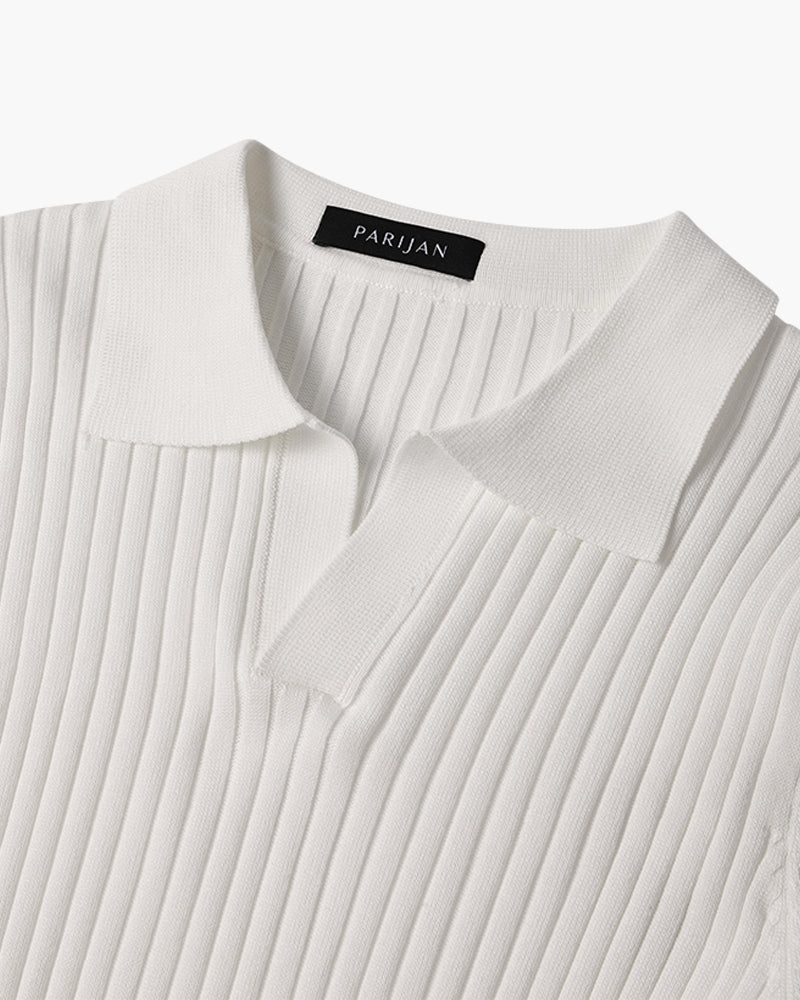 Ribbed knit polo shirt with short sleeves and spread collar