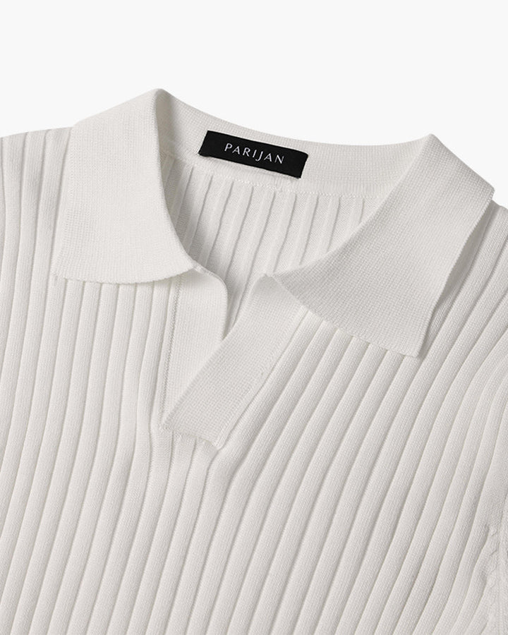 Ribbed knit polo shirt with short sleeves and spread collar
