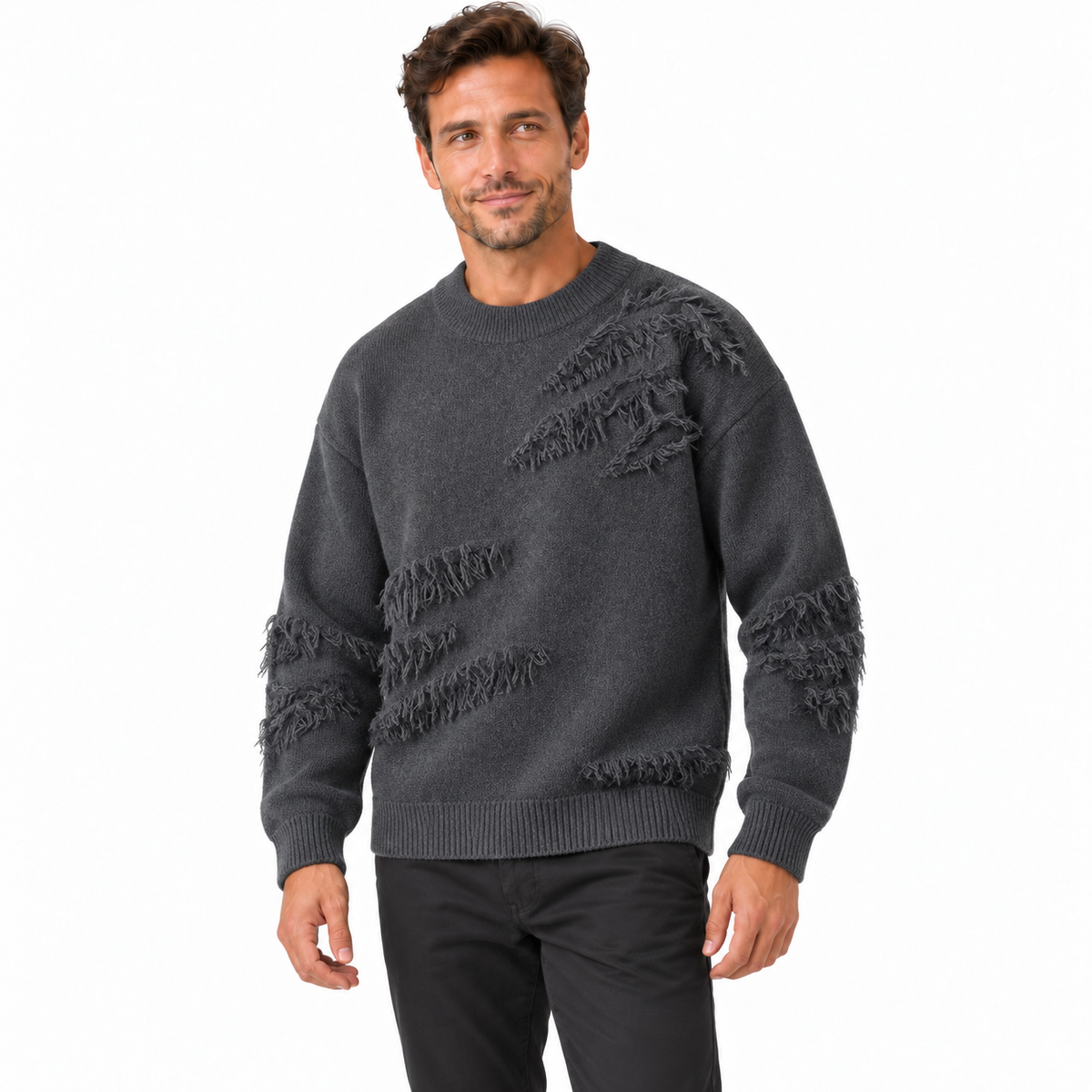Women's crew neck sweater with long sleeves and frayed distressed panels