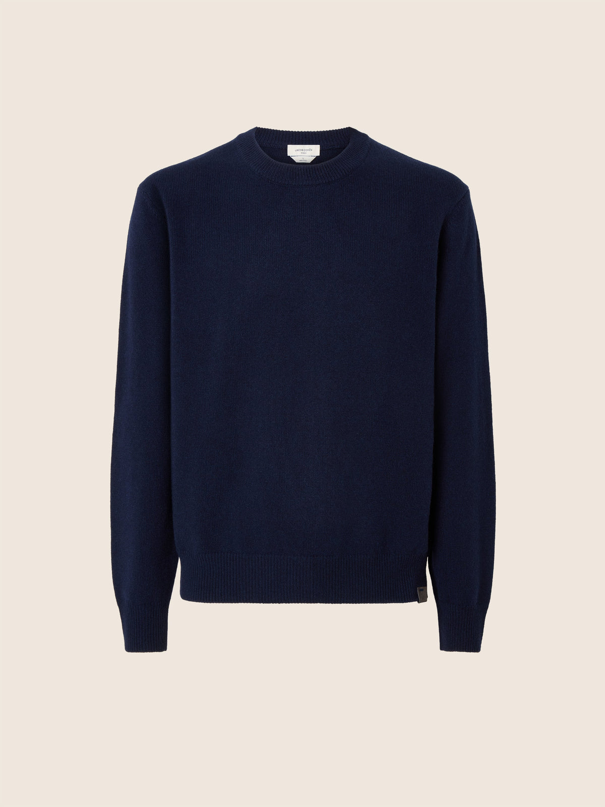 Men's navy crew neck sweater with long sleeves and ribbed trims