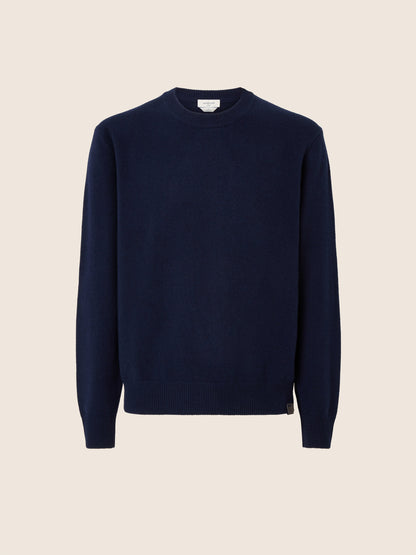 Men's navy crew neck sweater with long sleeves and ribbed trims