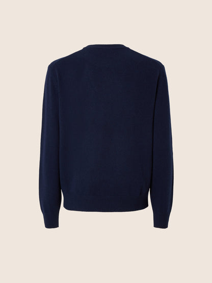 Men's navy crew neck sweater with long sleeves and ribbed trims