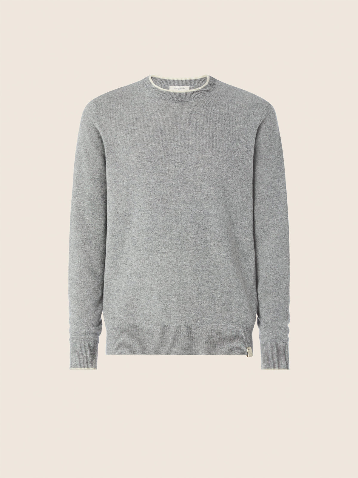 Gray crew neck knit sweater with long sleeves and ribbed trims