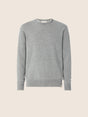 Gray crew neck knit sweater with long sleeves and ribbed trims
