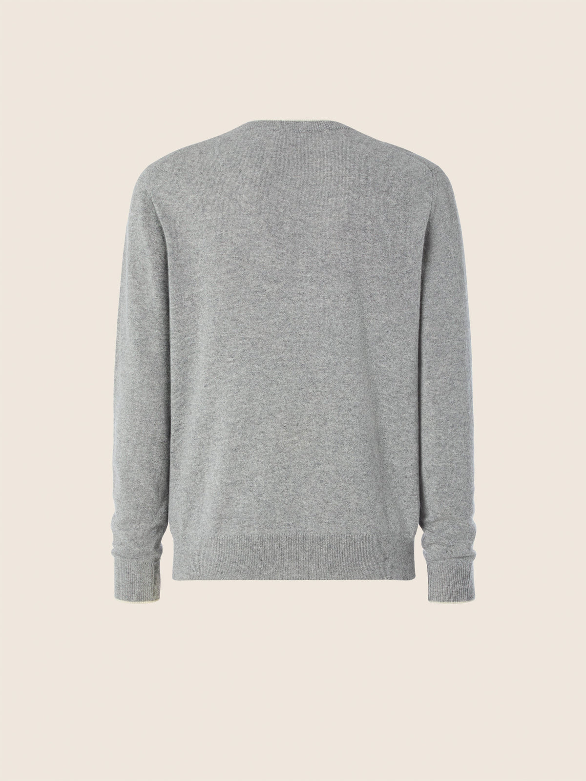 Gray crew neck knit sweater with long sleeves and ribbed trims