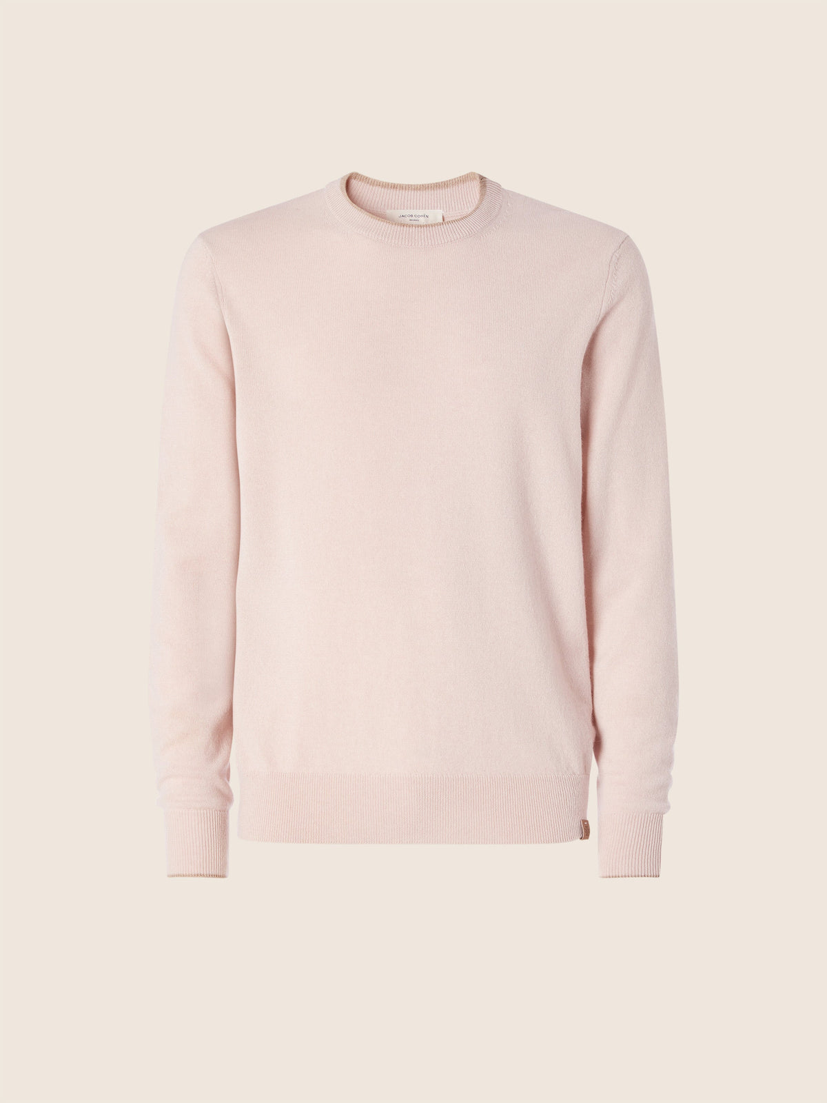 Men's pink crew neck sweater with long sleeves and ribbed trims