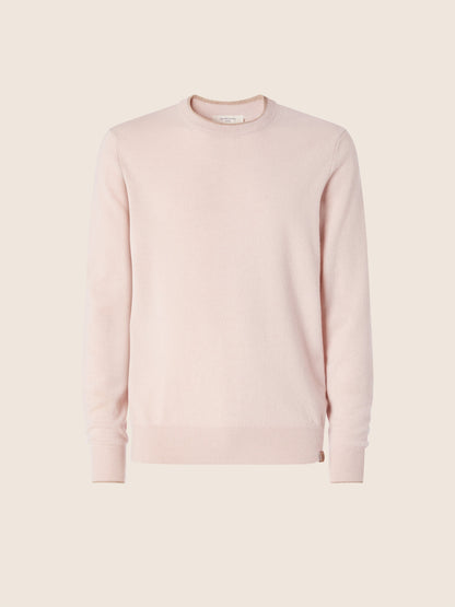 Men's pink crew neck sweater with long sleeves and ribbed trims