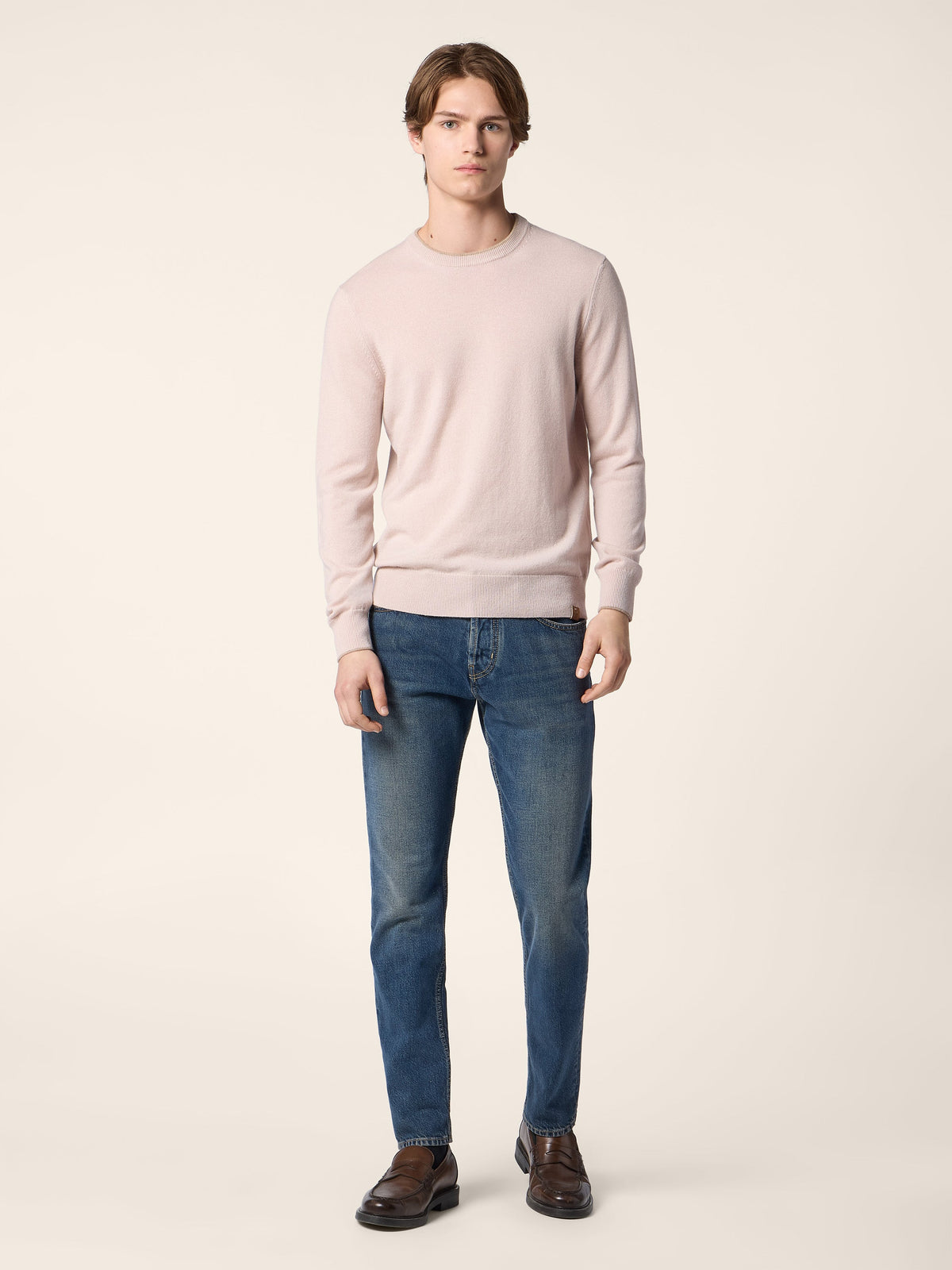 Men's pink crew neck sweater with long sleeves and ribbed trims