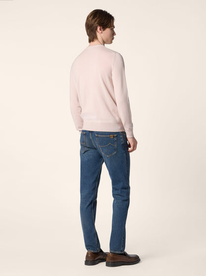 Men's pink crew neck sweater with long sleeves and ribbed trims